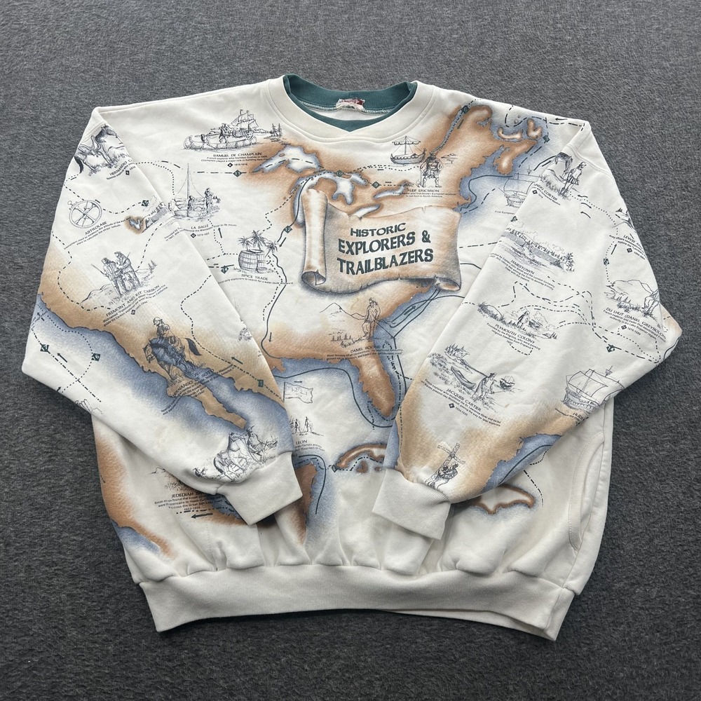 Vintage AOP Explorers Trailblazers Sweatshirt Mens 3XL Made in USA World Map 90s